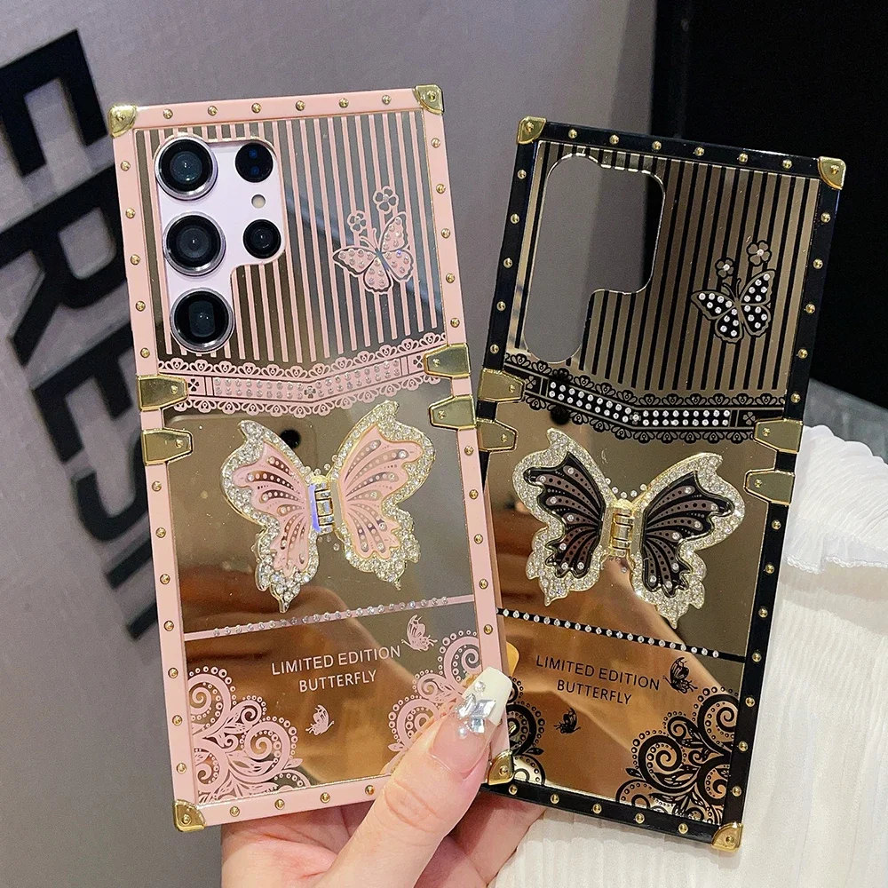 

Luxury Plating Butterfly Bracket Diamond Phone Case For Samsung S25 S24 Ultra S22 Plus S23 A56/36/26/16/06/55/35/25/15/05 Cover