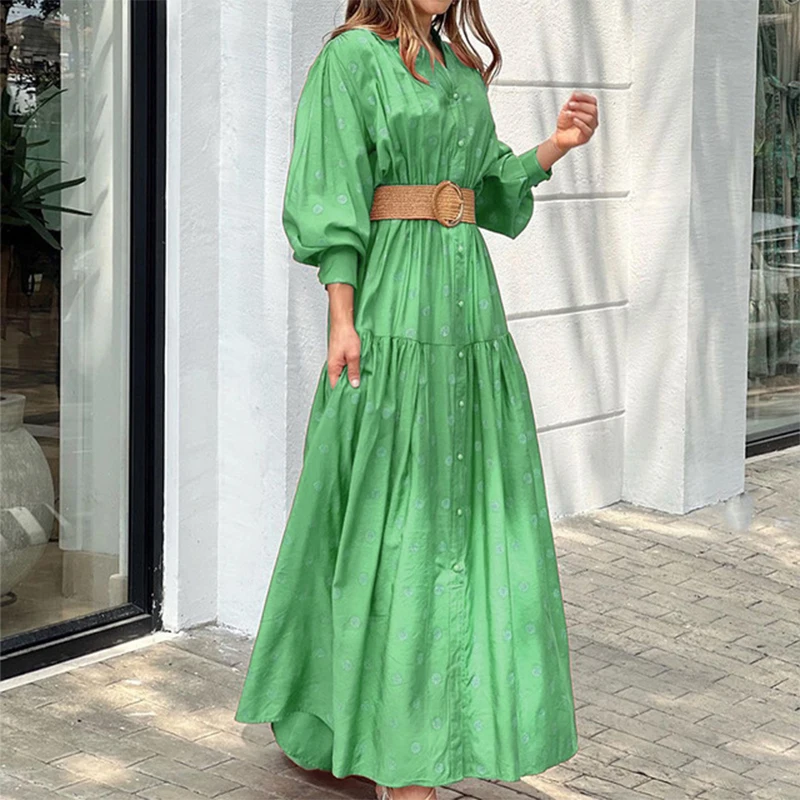2022 Women Floral Printed Lantern Long Sleeve Sundress Female Vintage Cake Loose Beach Dress Elegant Cascading Ruffles Cover-Ups