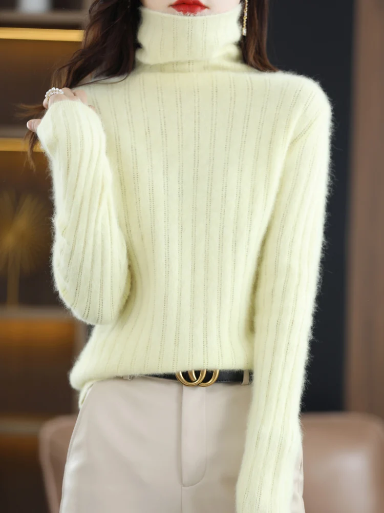 

CHICUU Women Turtleneck Mink Cashmere Sweater Autumn Winter Basic Pullover Striped Casual Clothing 100% Mink Cashmere Knitwear