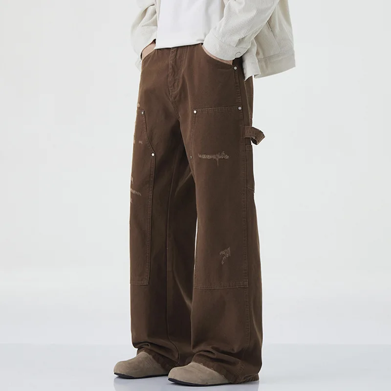 

Модные прямые мужские брюки с заклепками и несколькими карманами, осень 2023, новые уличные брюки свободного покроя, рабочая одежда