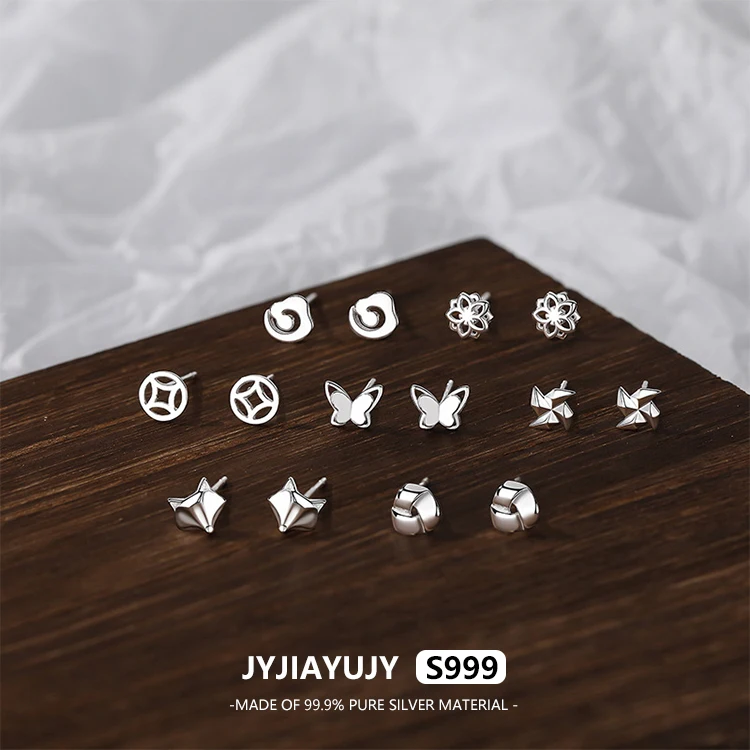 JYJIAYUJY 100% Whole Original Pure Silver S999 Stud Earrings In Stock 6MM Mini Multiple Style Heart Coin Fashion Jewelry JYE192