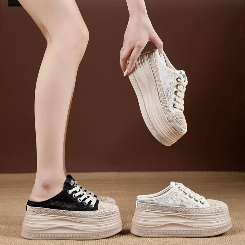 

Women Summer New Thick Sole Lace-Up Hollow-Out Mesh Breathable Shoes Height Increase Wedge Sneakers