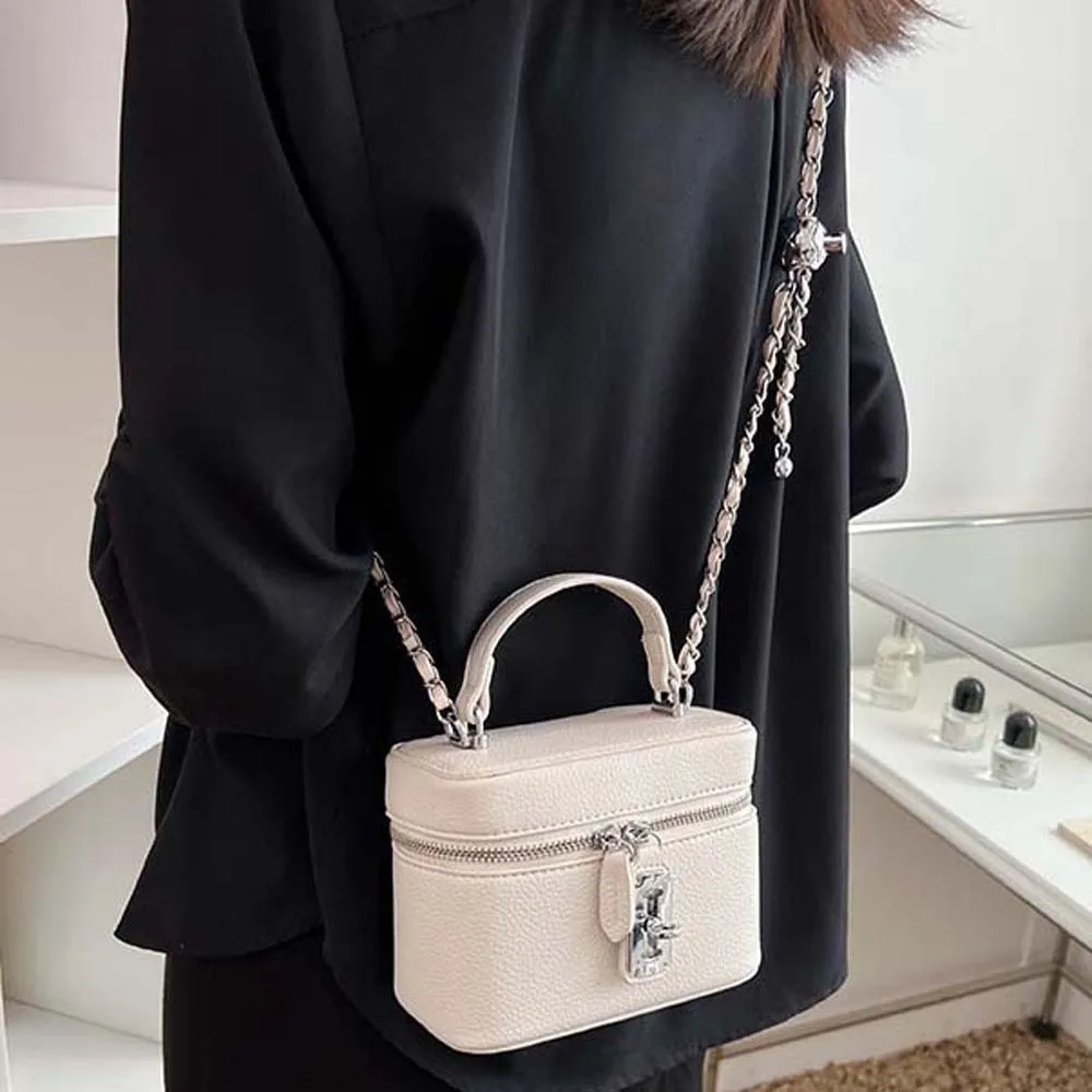 Pebbled Texture Macaron Box Bag Zipper Closure Compact Size Square Vanity Purse Solid Construction Vegan Leather