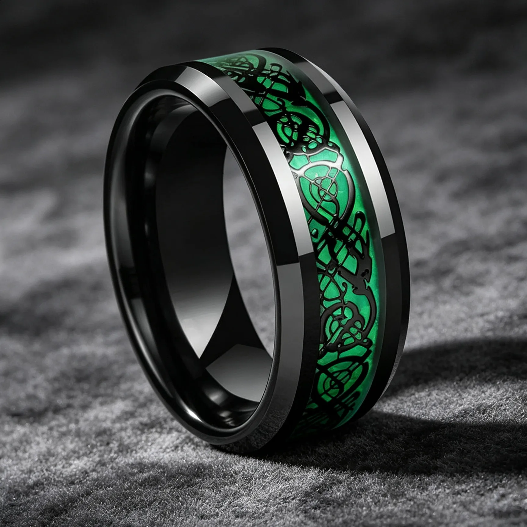 8mm Red Groove Beveled Edge Black Stainless Steel Ring For Men Black Brushed Steel Engagement