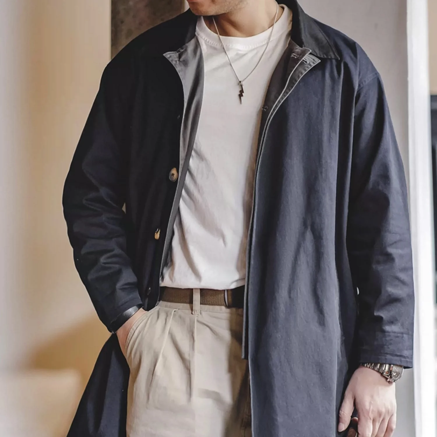 

Maden Casual American Sle Color Blo Barma Ken Windbreaker Heavyweight Loose Mid-Length Thin Men's Coat Autumn Outerwear