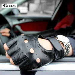 GOURS Fall and Winter Men Real Leather Gloves Black Genuine Goatskin Fingerless Gloves Unlined Driving Gym Mittens GSM032