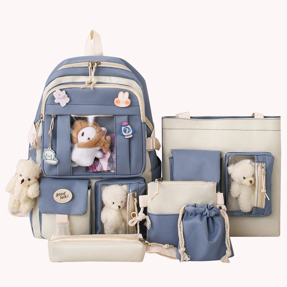 Set da 5 pezzi Zaino per ragazze Kawaii per borsa da scuola per studenti Zaino per ragazze per adolescenti Borse per libri Astuccio per donne Zaino da viaggio Tote