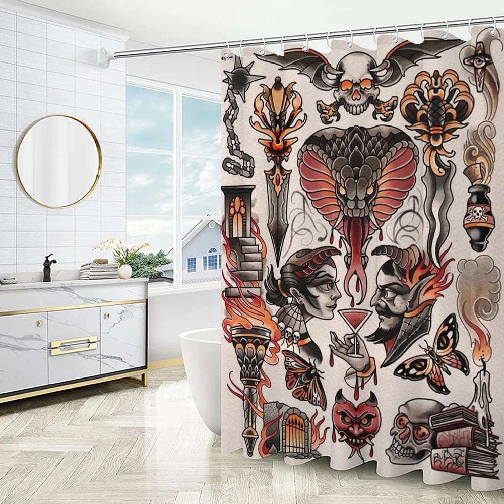 New School Tattoo European Curtain for Quarto Shower Curtains Bathroom Sets Full Set Folding Partition Accessories Bath Bedrooms
