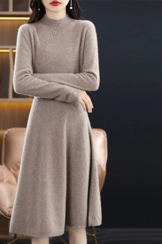 High-waist Dress 100% Pure Wool Pullover Half Length Round Neck 2024 Autumn and Winter A-line Solid Cashmere Sweater Woman LU487