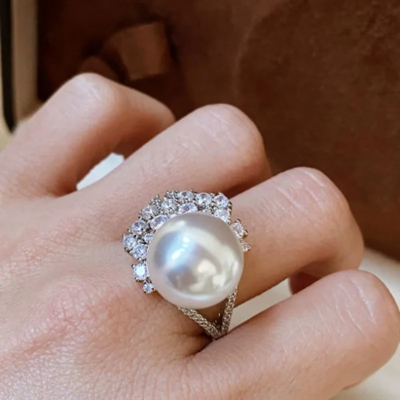 Gorgeous Oversized Natural 12-11mm South Sea White round Pearl Ring 925s Sterling Silver
