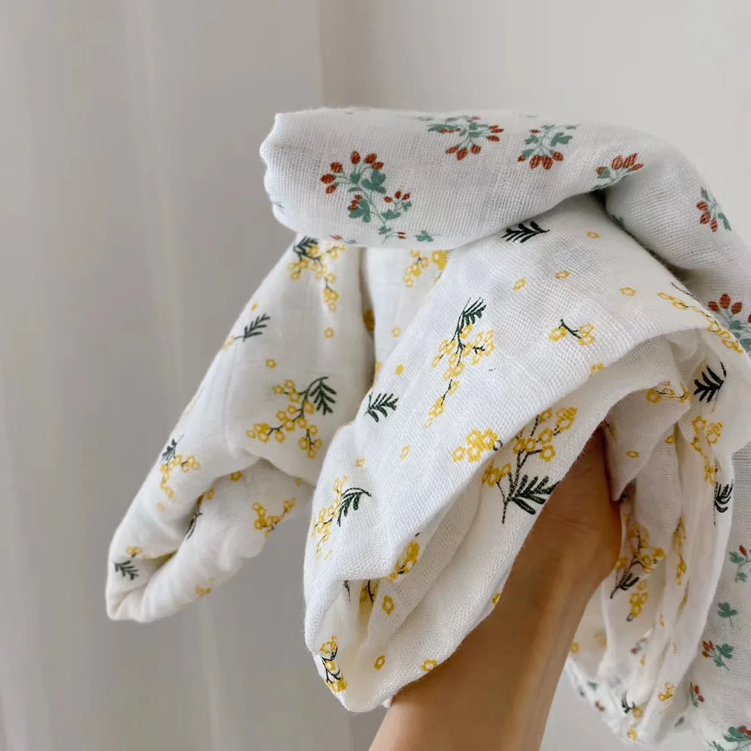 Newborn Baby Clover Mimosa Print Bamboo Fiber Muslin Swaddle Blanket Summer Blankets Cover for Baby Moses Basket Cover Blanket