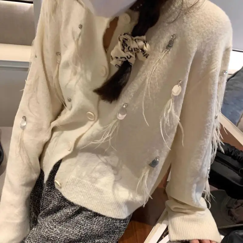 

Knitted Cardigan Sweater New Korean Style Design Niche Heavy Industry Sequin Tassel Jacket Women's Top