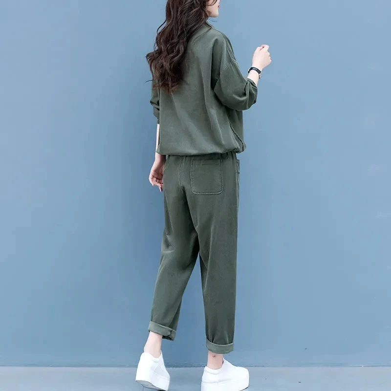 Oversized Women\'s Suit 2023 Spring Autumn Long sleeved Sweatshirt Sportswear Two-piece Loose Solid Female Casual Clothing Sets