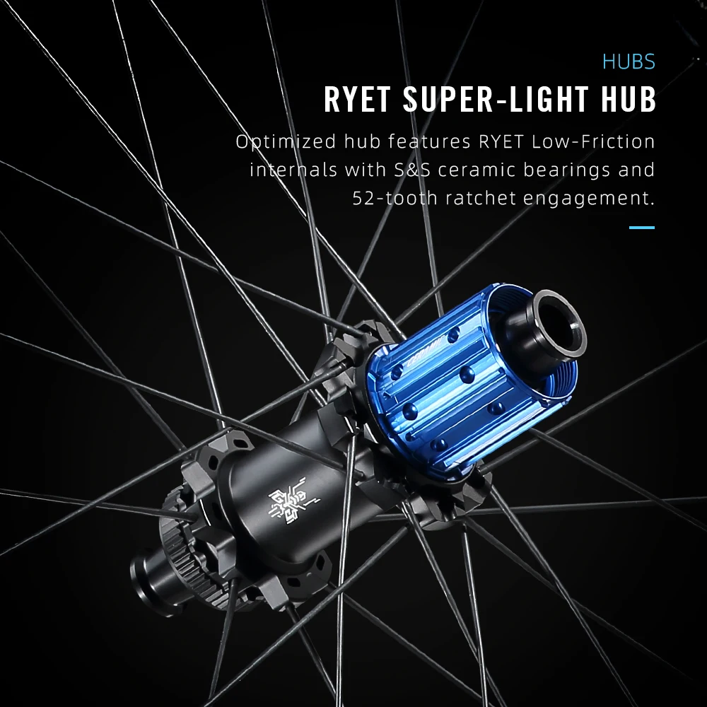 مجموعة عجلات كربون الحصى 1280 جرام من RYET 52T محور سقاطة من السيراميك المتحدث Superlight، قفل مركزي جاهز بدون أنابيب بعرض 32 مم