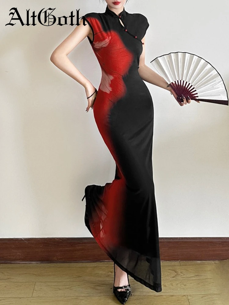 

AltGoth Vintage Chinese Style Dress Women Dark Gothic Sexy Elegant Y2k Red Printed Short Sleeve High Waist Bodycon Dress Female