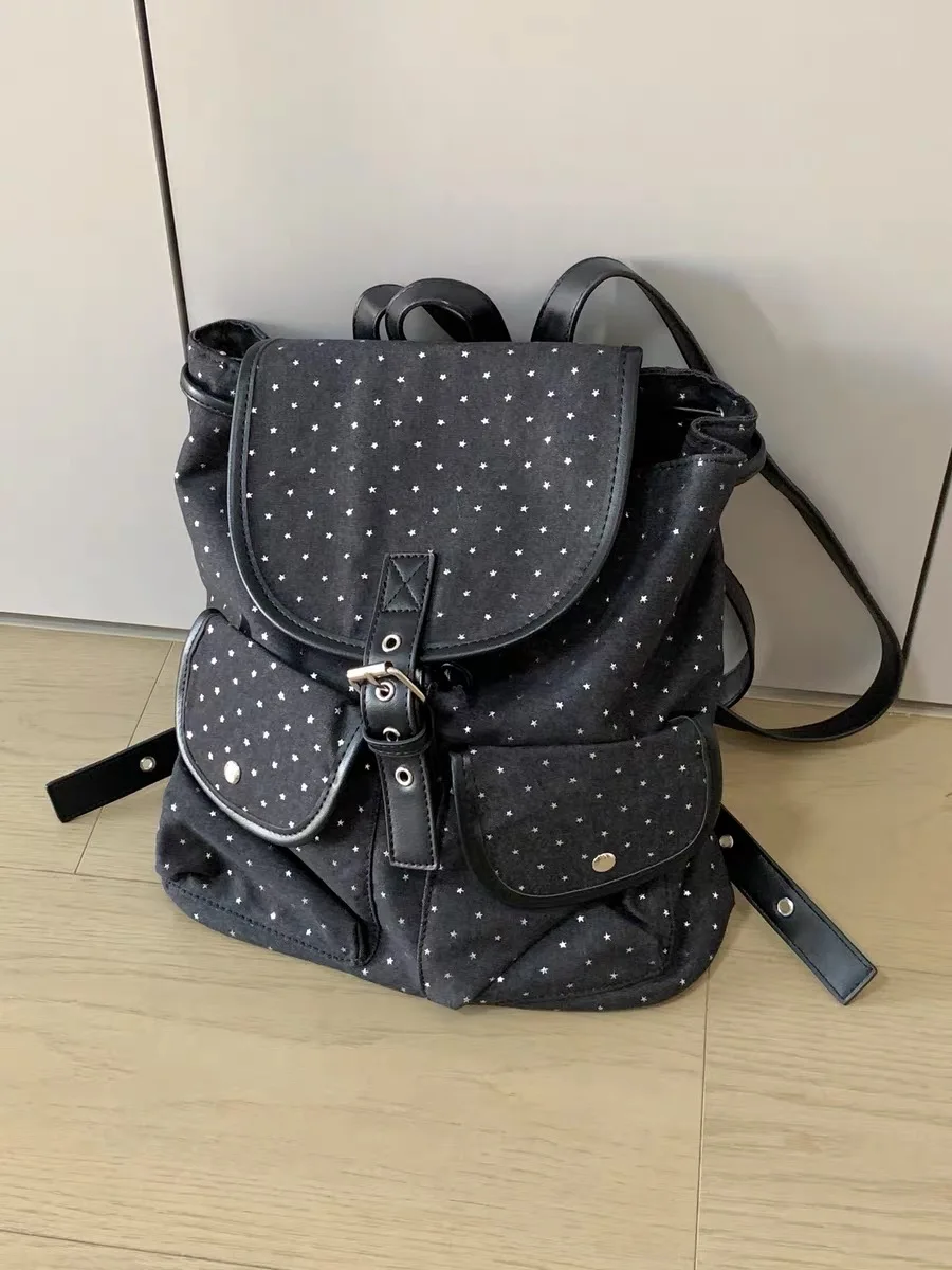 

Korean Sle Polka Dot Denim Canvas Bapa Casual Large Capaci oulder Bag College Sle Sweet Cool Leisure Double oul...
