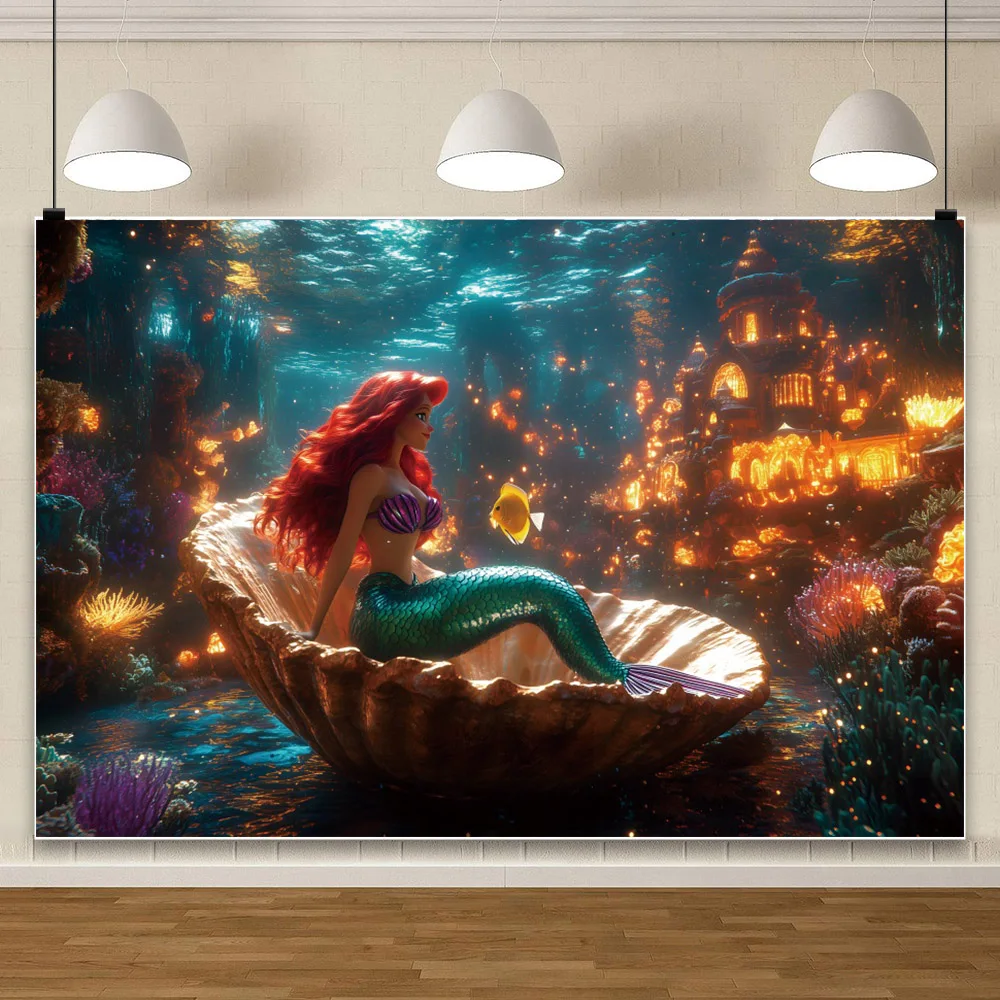 การ์ตูน Mermaid พื้นหลังการถ่ายภาพ Baby Shower Girl ภาพฉากหลังวันเกิดตกแต่ง Props อุปกรณ์สตูดิโอฉลอง