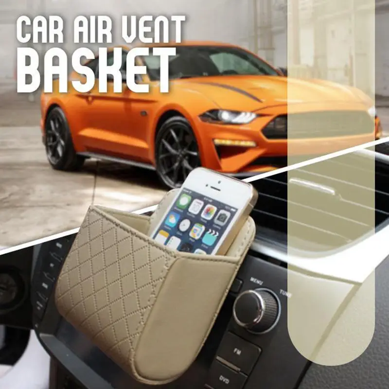 Car Leather Storage Basket Retro Auto Interior Air Vent Storage Bag Cellphone Holder Pounch Box with Hook In Stock