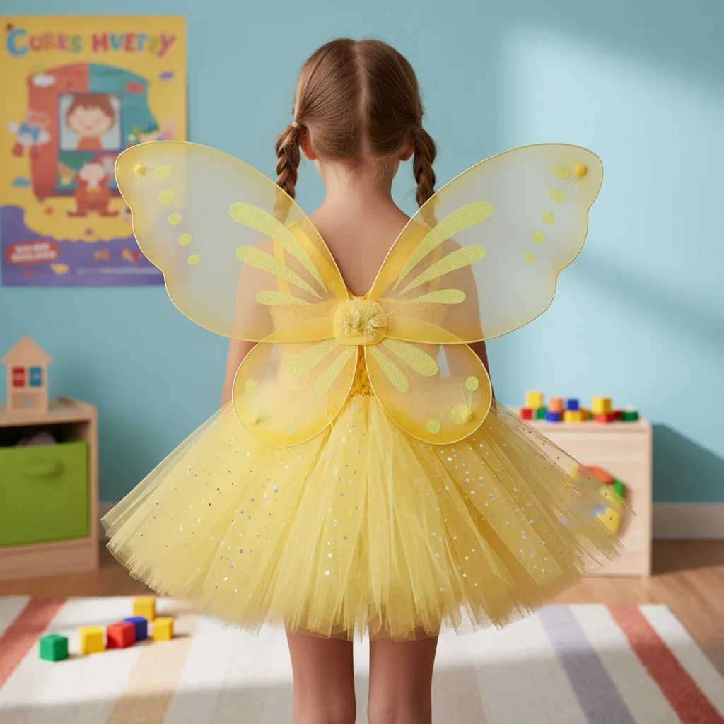 فستان توتو أصفر لامع للفتيات فستان جنية على شكل زهرة للأطفال مع جناح فراشة مجموعة أزياء حفلات الأطفال فساتين النجوم المتلألئة