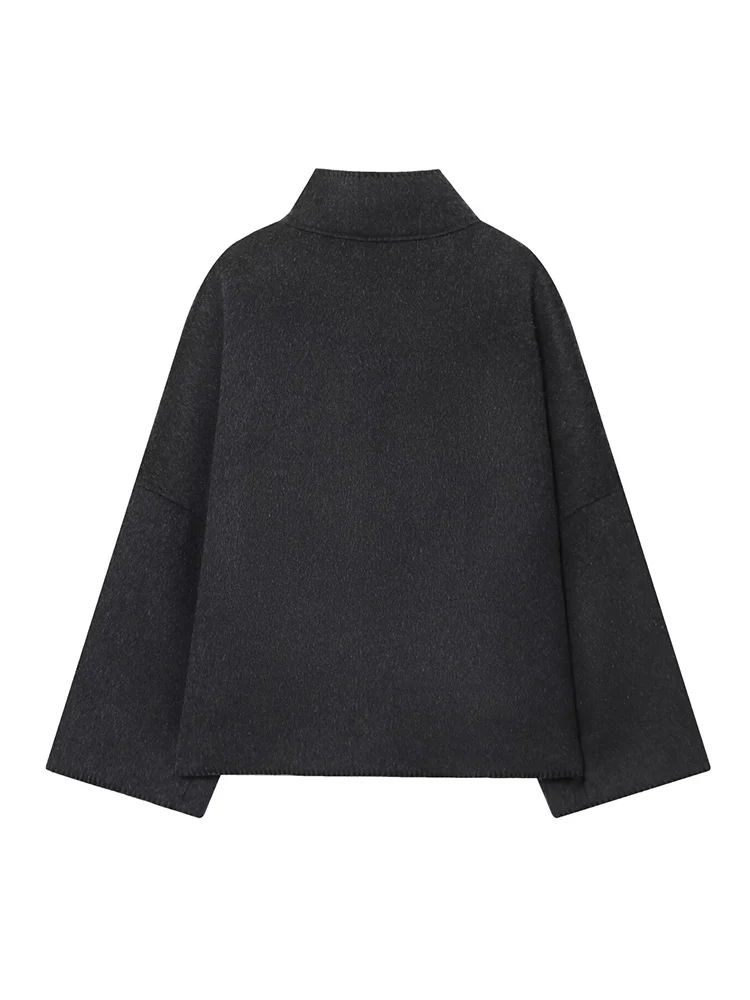 2025年 レディース ソリッド ハーフタートルネック コート エレガント カジュアル シングルブレスト ポケット付き ルーズジャケット 新作 秋 レディースファッション アウターウェア