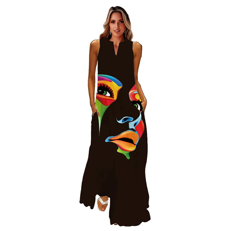 

MOVOKAKA Human Face Printed Black Dress 2022 Elegant Casual Vintage Dresses Woman Summer Beach Sleeveless Girls Long Dress Women