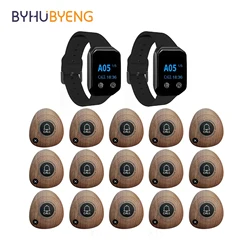 BYHUBYENG Restaurant Calling System Waiter Watch Receiver + Wood Color Call Button For Fitness Club Cafe Bar Restaurant