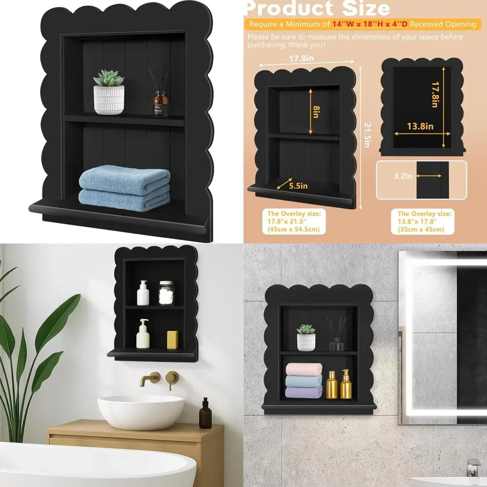 

14x18 Inch Recessed Wooden Medicine Cabinet, 2-Tier Bathroom Wall Storage Cabinet without Mirror, Scalloped Niche Organizer (Bla