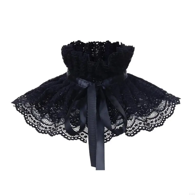 E56a ruffle renda berdiri kerah palsu dengan pita untuk wanita victorian leher terlepas ruff dekoratif selendang hitam cape