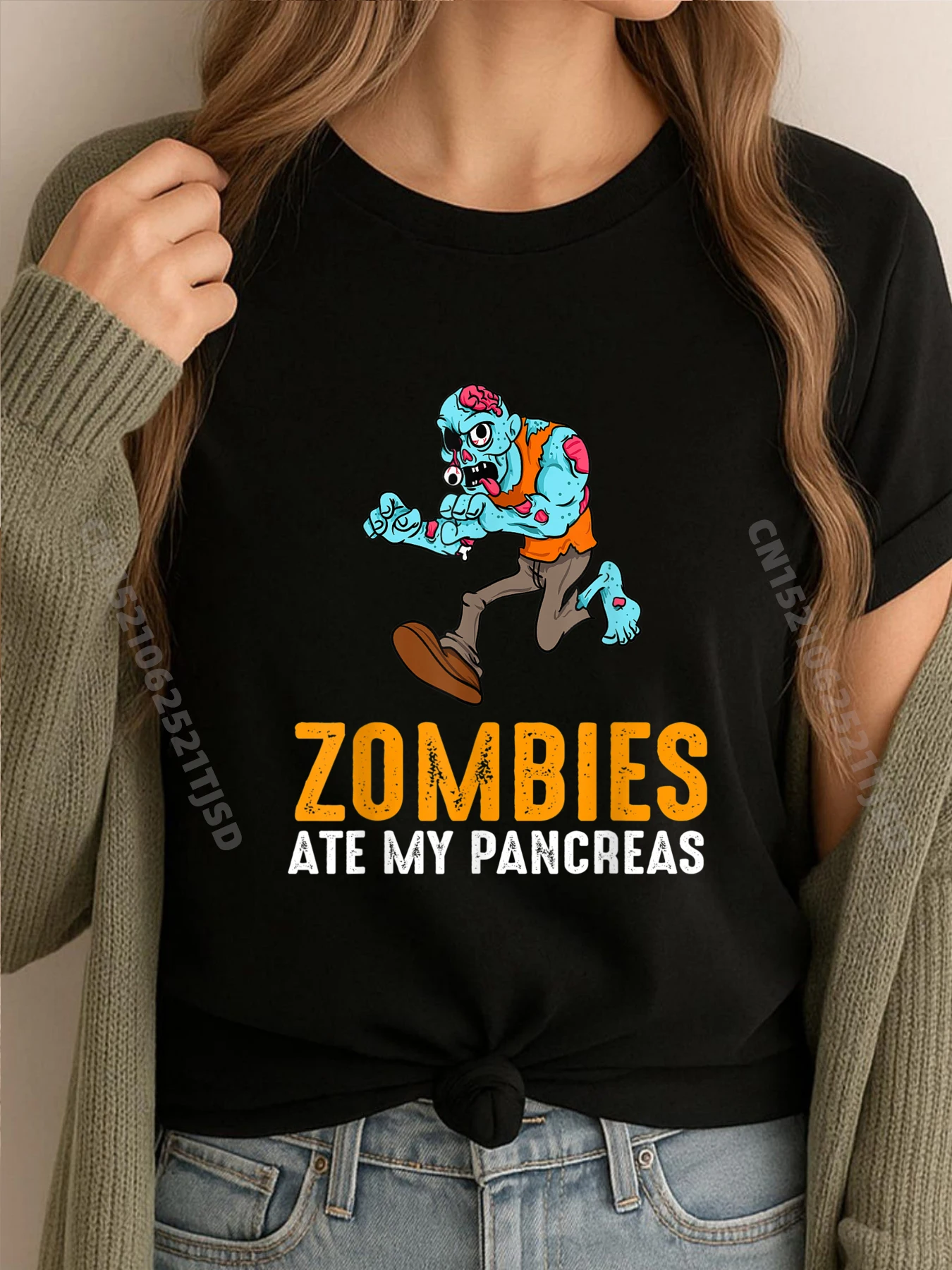

Zombie Ate My Pancreas T1d Awareness Halloween Girls Christian Tshirt Woman Luxury Designer Tee Shirt for Woman