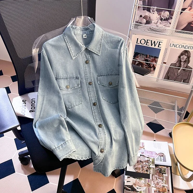 Retro Lapel Denim Shirts For Women Spring Autumn Trend Versatile Single Breasted Tops Female Casual Long Sleeved Blue Coats
