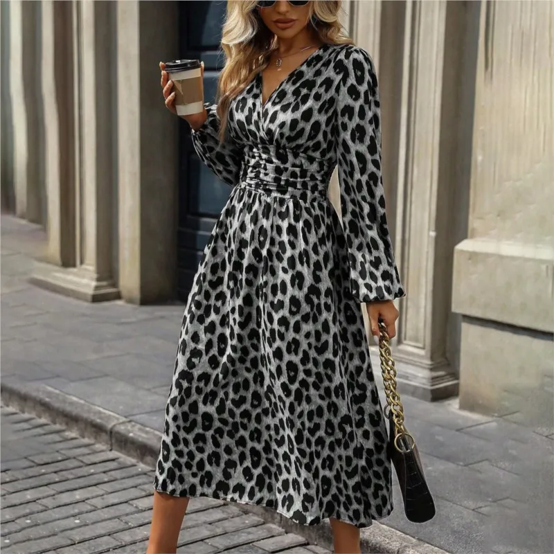 New V-neck Long Sleeve New Leopard Print Fashion Lantern Sleeve Waist Long Dress Womens Beach Commuting All-match Vacation Dress