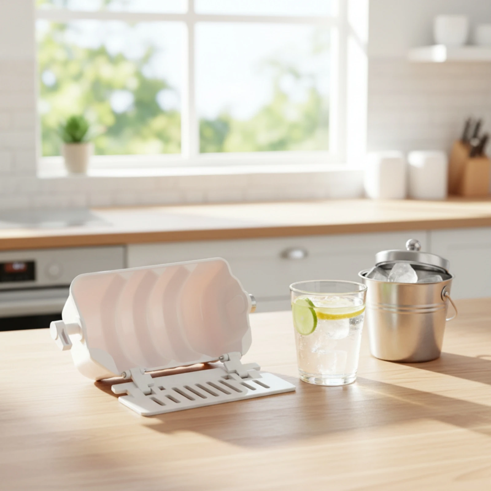 Ice Maker Container with Foldable Flap Compact Ice Maker Box with Drainage Slots for Kitchen, Home