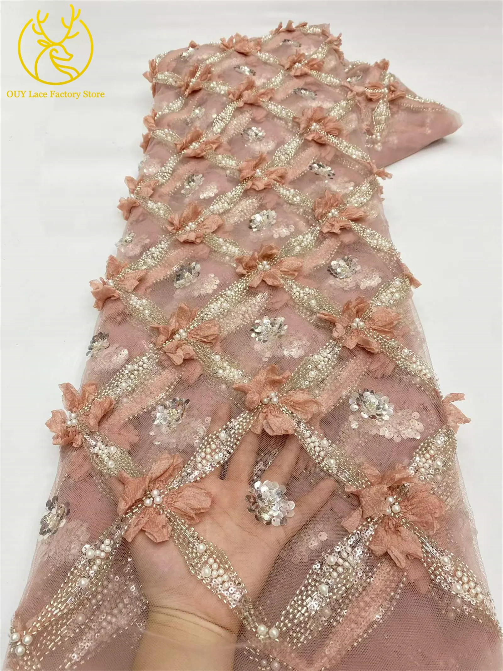 Eleganter, modischer nigerianischer 3D-Tüll-Pailletten-Spitzenstoff, hochwertiger afrikanischer Perlen-Spitzenstoff zum Nähen von Hochzeitskleidern, 5 Yards – Detail 6