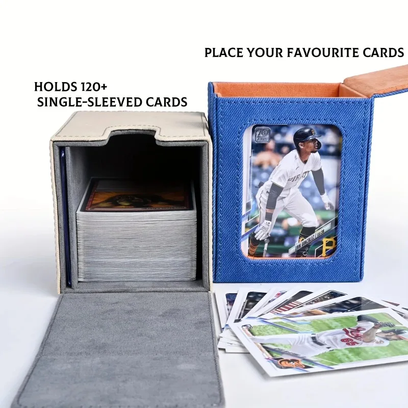 Kartenspielbox mit Sichtfenster, Sammelkarten-Aufbewahrungsbox, fasst 120+ einzeln gehüllte Karten, PU-Leder-Denim-Kartenbox für TCG – Detail 5