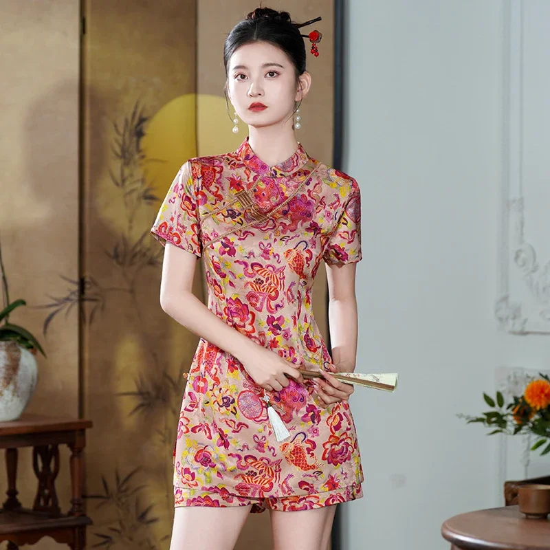 Modernes orientalisches Jacquard-Co-ord-Cheongsam-Set im luxuriösen chinesischen Stil, inspiriertes 2-teiliges Sommer-Set