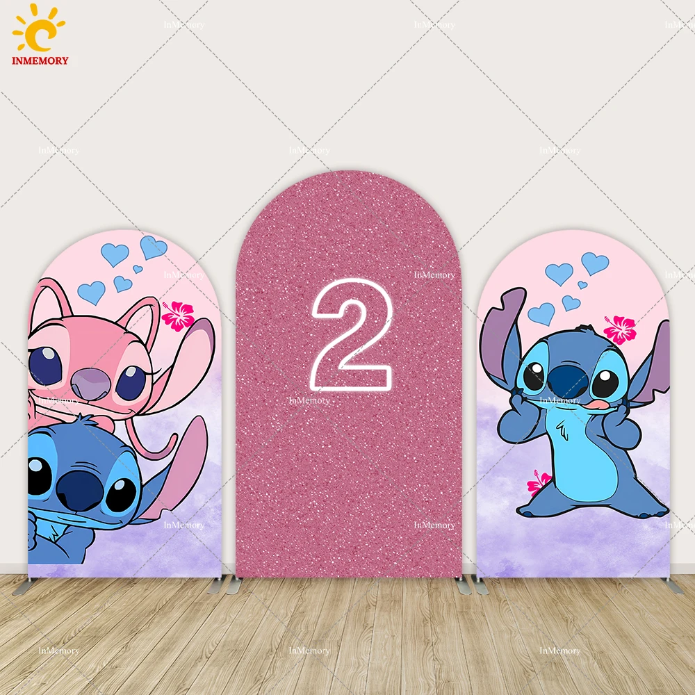 

Disney Stitch and Angel Arch Backdrop Cover Kids Birthday Party Baby Shower Background Pink Circle Banner Wall Decors