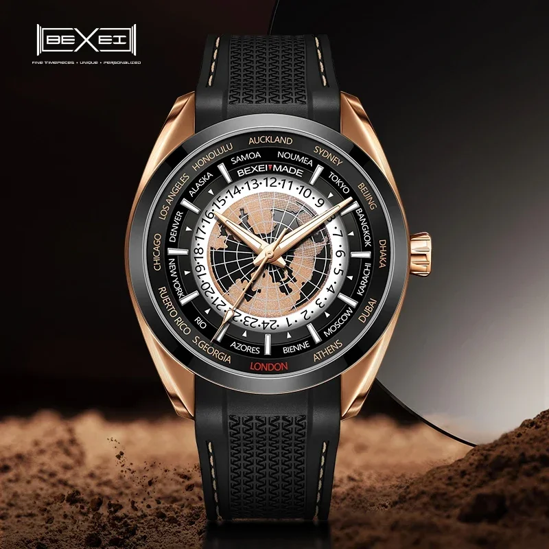 

9185 BEXEI World Time Watch 42H Power Reserve Mechanical Automatic Movement Man Watch Sapphire Business Style