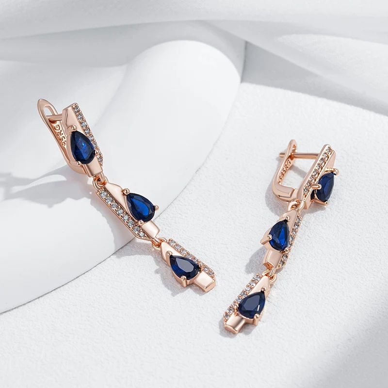 Kinel Full Blue Natural Zircon Geometry Long Dangle Earrings For Women Fashion 585 Rose Gold Color High Quality Daily Jewelry