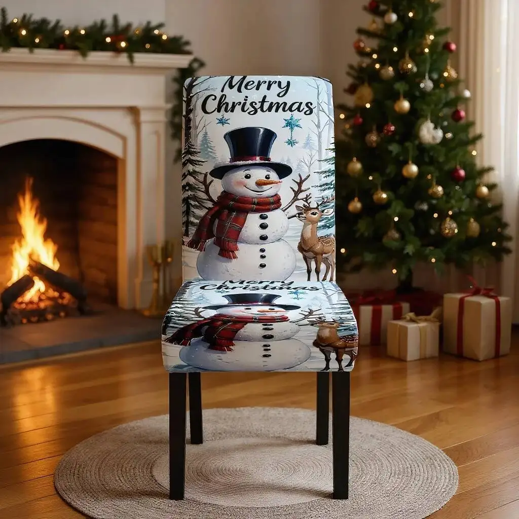 

4/6Pcs Christmas Home Chair Cover Snowman Printed Decorative Stretch Spandex Fabric Washable Holiday Decoration