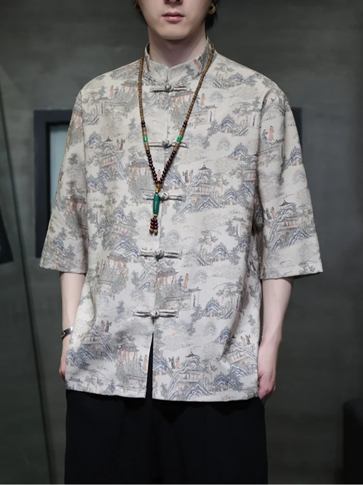 

Новая мужская летняя тонкая свободная рубашка-куртка из китайского ледяного шелка с коротким рукавом, в стиле тан, на пуговицах, с воротником-стойкой, модная