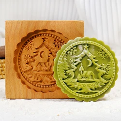 1PC Wood Cookie Mold with Rose Flower Patterns, Christmas 3D DIY Carved Embossed Cookie Cutter Mould for Baking, Fondant Biscuit