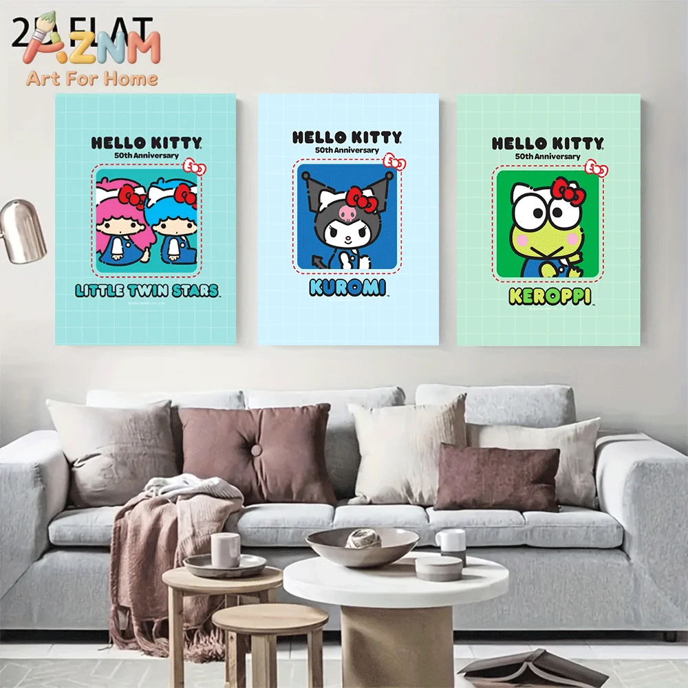 AZNM Sanrio Hello Kitty 50th Anniversary Canvas Wall Art Unframed Cute Cartoon Print Poster Little Twin Stars Kuromi Keroppi Gri