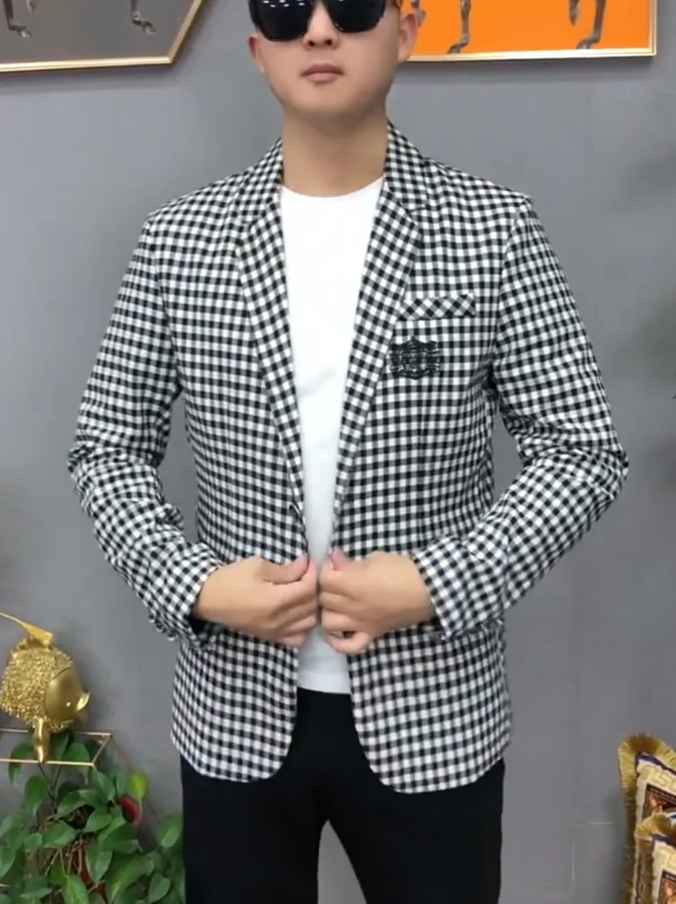 

Busin Casual Plaid Slim Fit Men's Suit Jaet Spring Autumn New Sle Faionable Versatile Casual Western Wear