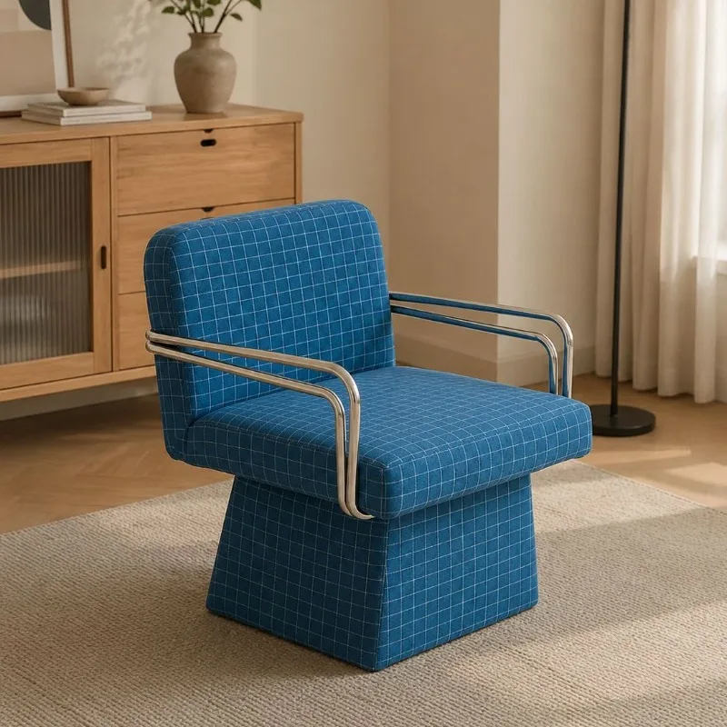 Household Lazy Sofa Chair Modern Simple Blue Checked Leisure Sofa Chair