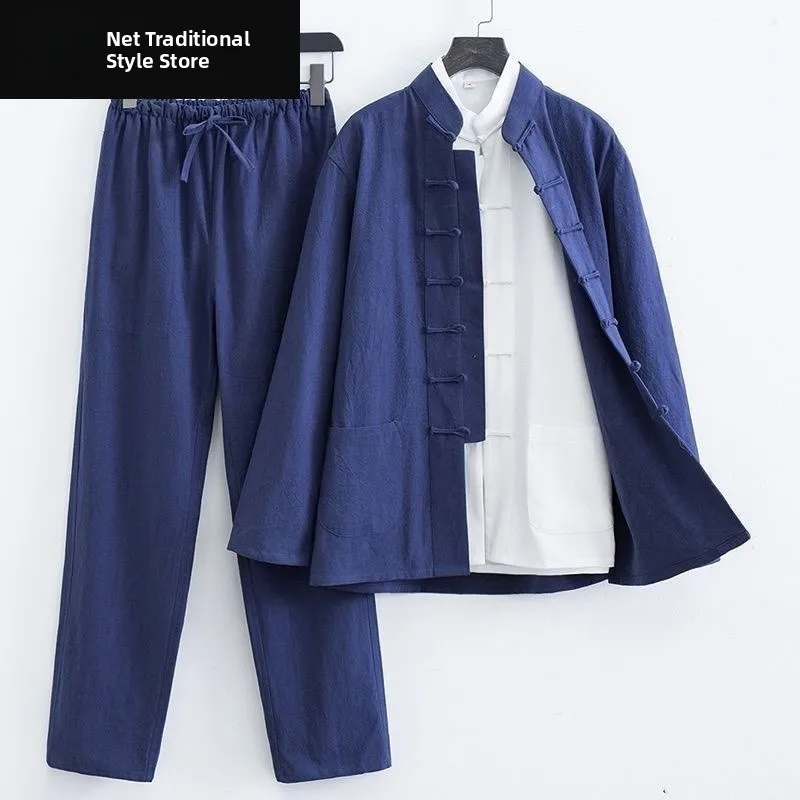 

Men's Cotton Linen Long Sve Two-Piece Set Traditional Chinese Sle Clothing Spring Summer Tang Suit National Trend Tea Cl...