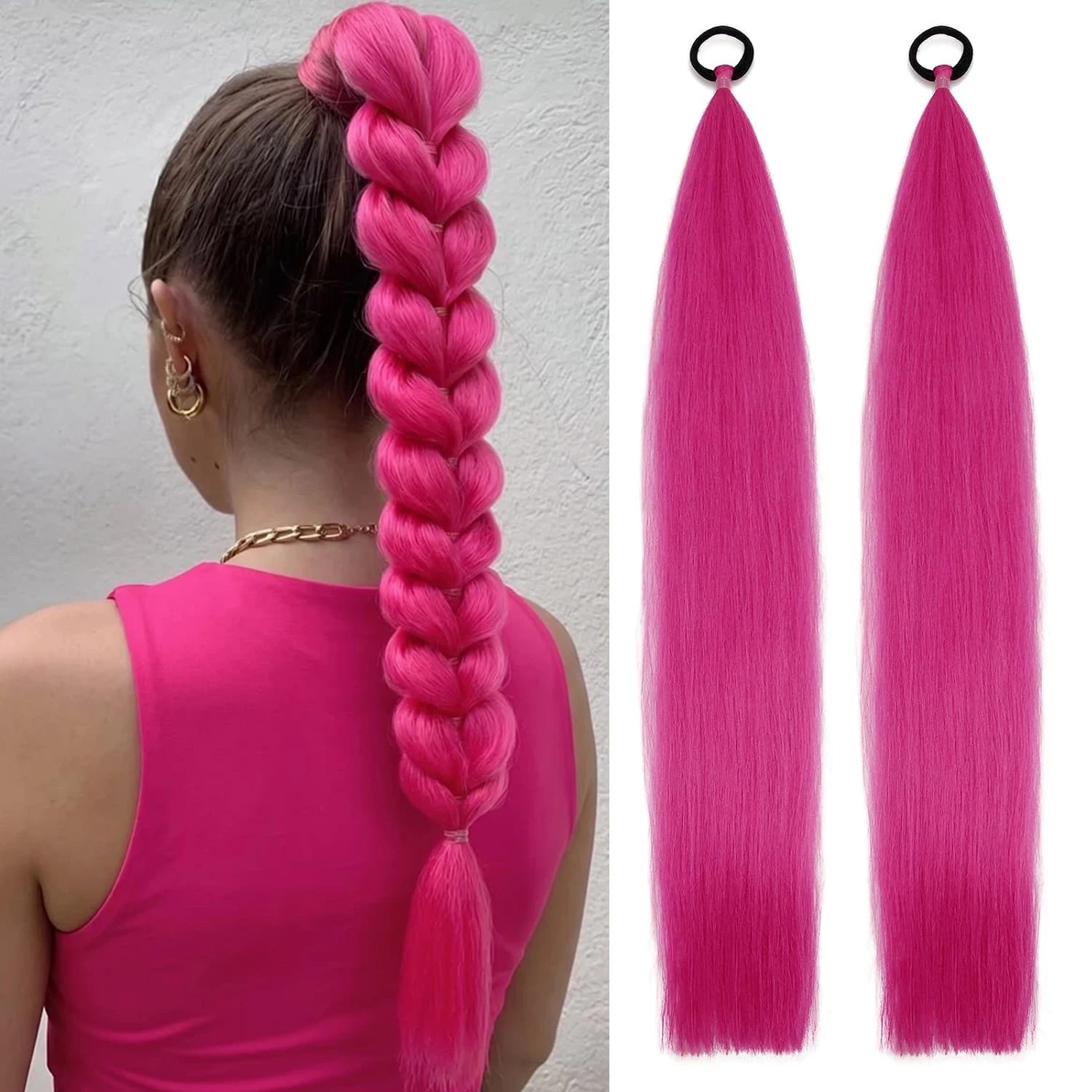 Braid Ponytail Extension Elastic Tie Long Ponytail 26Inch 2Pack Pink Hair Extensions Sleek Wrap Around Straight Synthetic