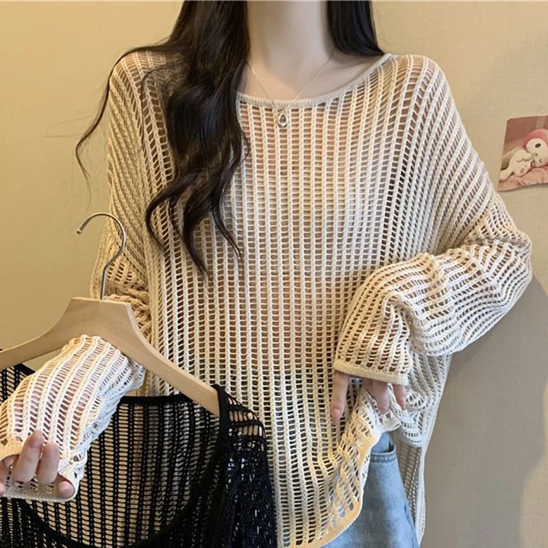 

Oversized Long Sleeve Hollow Out Knittedwear 2023 New Loose O-neck Pullover Tops Casual Solid Color Women Mesh Sweater M-4xl