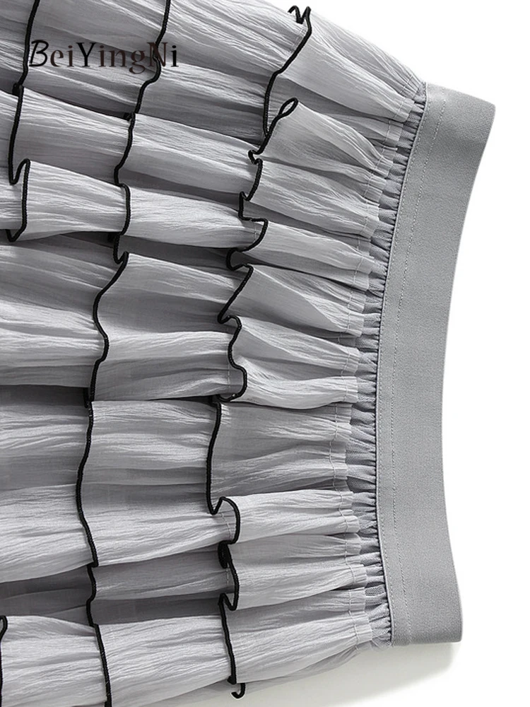 Beiyingni Franse Elegante Vrouwen Lange Taart Rokken Ruches Tiered Luxe Temperament Grijs A-lijn Maxi Rok Jupes Vrouwelijke Kleding