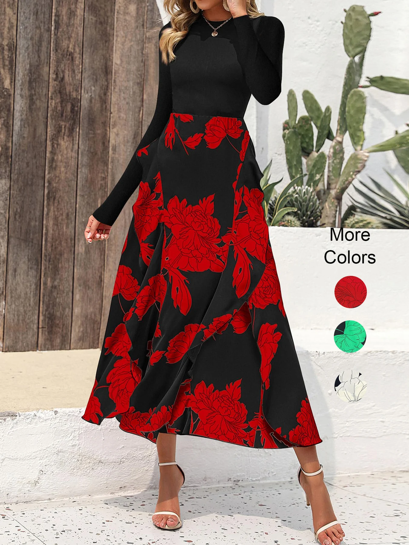 Women's Elegant Floral Casual Round Neck Long Sleeve Dress, Patchwork Ruffle Design, Perfect for Fall & Winter Daily Wear
