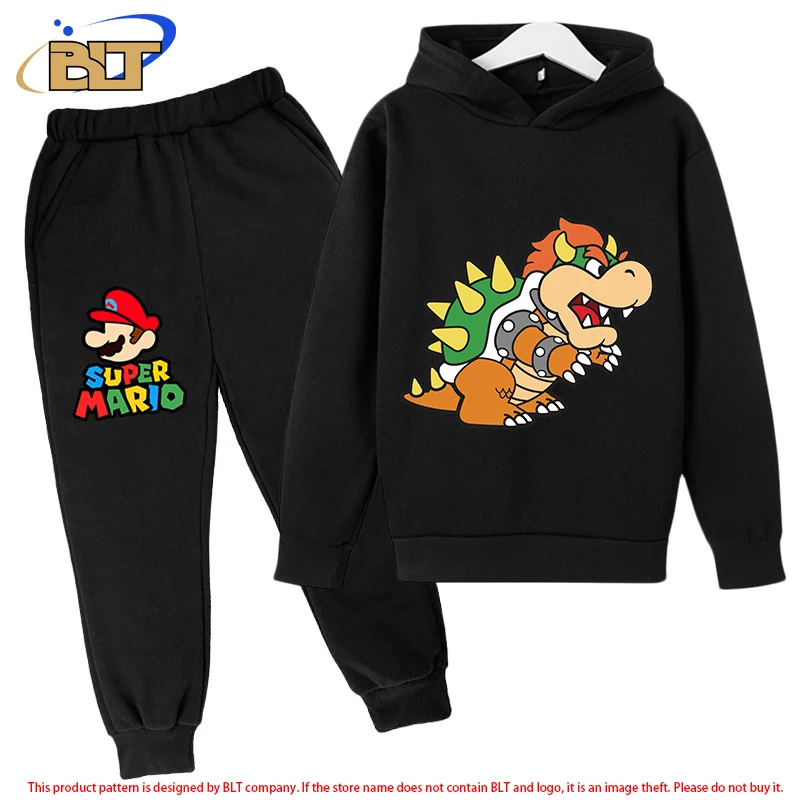 Mario children's fleece hoodie set black sports sweatshirt pants two-piece set suitable for boys and girls